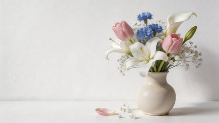 Soft pastel floral arrangement with tulips and lilies in ceramic vase, minimal interior decor scene.