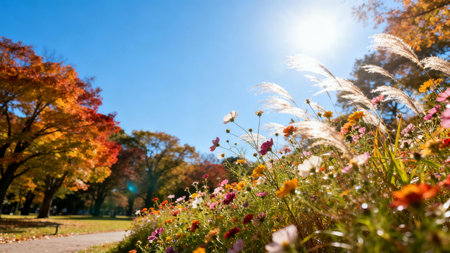 Bright flower garden with autumn trees and clear blue sky, sunny park landscape full of vibrant...