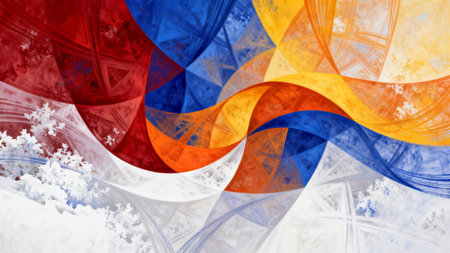 Dynamic abstract fractal waves in red, white, blue and gold, flowing digital art with modern geometric texture.の写真素材