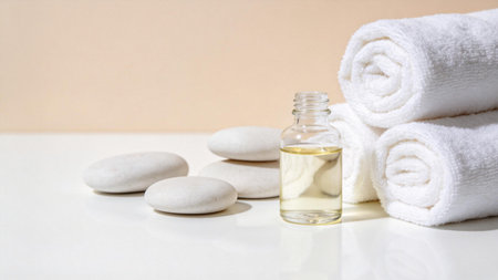 Relaxing spa composition with essential oil bottle, stones and towels, wellness and self care...