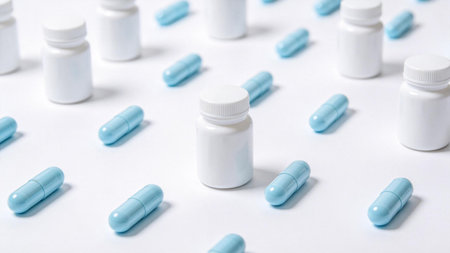 Creative layout of capsules and medicine bottles on white background, pharmaceutical and healthcare concept.の写真素材
