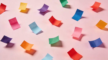 Colorful floating paper notes on a soft pink background, creating a playful creative concept for ideas, planning and reminders.