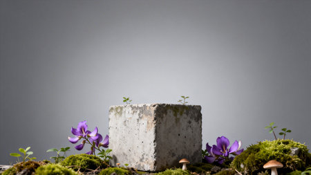 Cement block with moss and purple crocus flowers on grey background