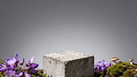 Concrete cube surrounded by moss, purple flowers and small mushrooms on minimal gray background.