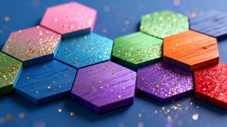 Bright multicolored hexagonal wooden pieces with glitter on blue background, ideal for playful design, craft, education and abstract geometry themes.
