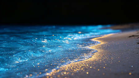 Bioluminescent blue waves glowing along a sandy beach at night, ideal for travel, nature, ocean, serenity and magical coastal concepts.