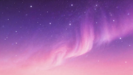 Purple and pink aurora waves glowing across a starry night sky for magical space and fantasy background.