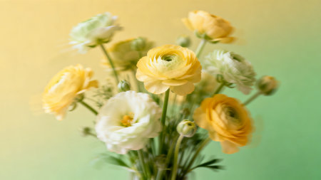 Soft yellow and white ranunculus flowers in a pastel green background, perfect for spring, floral and romantic designs.