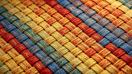 Close-up of multicolored woven fibers in a braided pattern, showing rich texture and handcrafted detail for textile and background design.