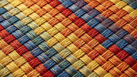 Macro view of tightly woven red, blue, yellow and orange fibers forming a rich handcrafted textile pattern with detailed texture.
