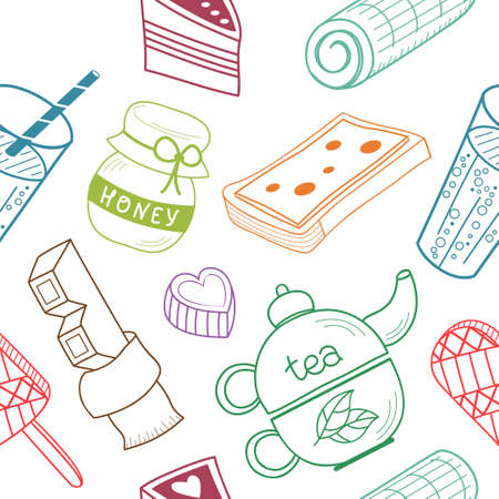 Colorful seamless pattern: food and drink. Pencil drawing. Backgroundのイラスト素材