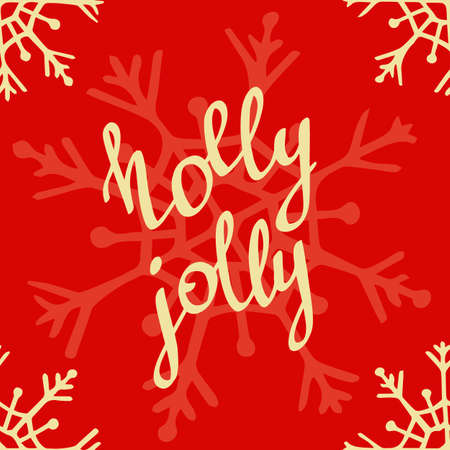 Holly jolly. Seamless pattern with snowflakes and lettering. Merry Christmas and Happy New Year. Festive wallpaper, vector illustration. Winter holidays, red background.のイラスト素材