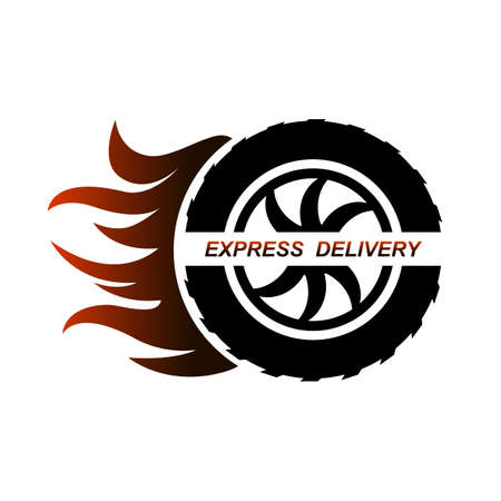 Express delivery service. Vector illustration of wheel with flame of fire. Flat icon isolated on white background.のイラスト素材