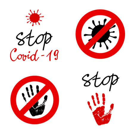 Stop Covid-19 labels. Social distancing. Prohibition sign with handprint. Stock vector illustrations set. Keep safe distance. The world pandemic of coronavirus disease.のイラスト素材