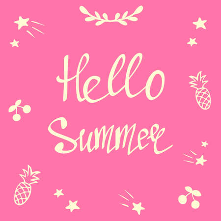 Hello summer, banner template. Vector illustration of decorative elements and handwritten lettering on pink background. Summer time and vacation. Inspirational quote, good mood.のイラスト素材