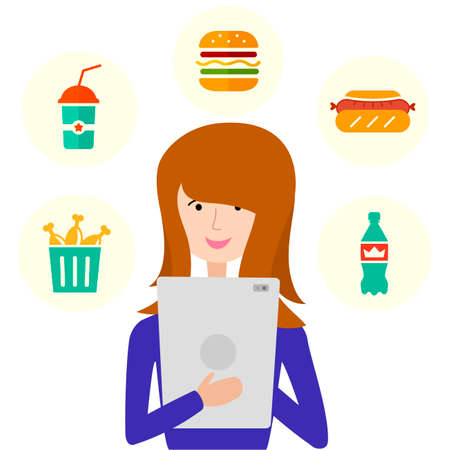 Order food online. Woman with tablet isolated on white background. Vector illustration of online shopping process. Food delivery service. Using web application.のイラスト素材