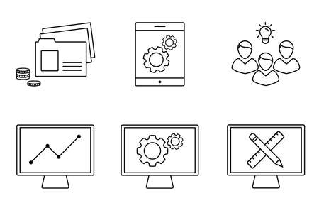 Business analytics, information technology, web design. Vector illustration of business icons in line art. Development and marketing theme. Creating of web applications.のイラスト素材