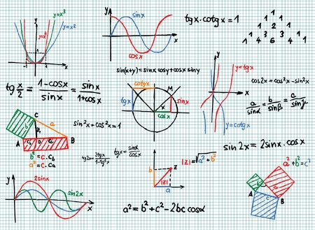 Paper with colored mathematics formula and sketches のイラスト素材