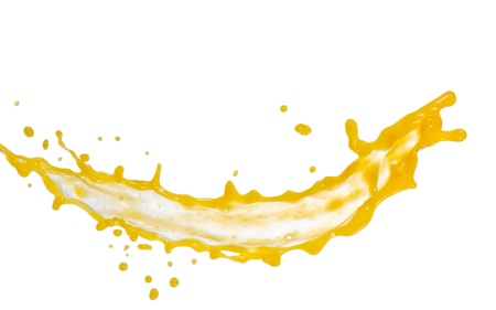 Orange juice splash isolated on whiteの写真素材