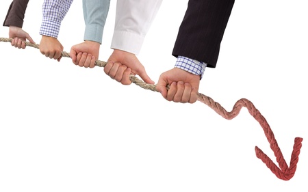 Hands holding rope with red arrow, concept of crisis