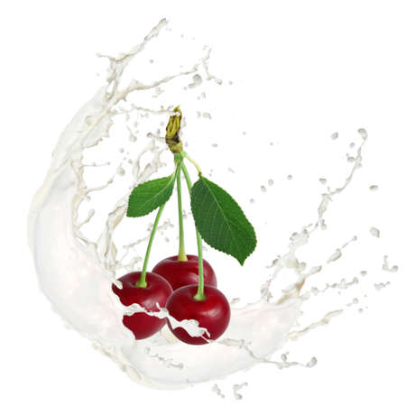 Milk splash with cherry isolated on whiteの写真素材