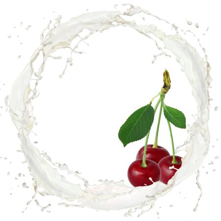 Milk splash with cherries isolated on whiteの写真素材