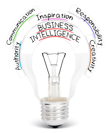 Photo of light bulb with BUSINESS INTELLIGENCE conceptual words isolated on whiteの写真素材