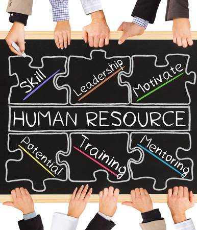 Photo of business hands holding blackboard and writing HUMAN RESOURCE conceptの写真素材