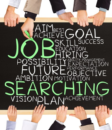 Photo of business hands holding blackboard and writing JOB SEARCHING conceptの写真素材