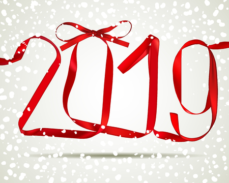 Vector illustration of New Year 2019 made of red ribbons with snowfallのイラスト素材