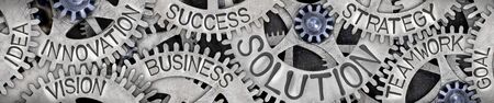 Group of tooth wheels with Solution, Innovation, Strategy and Goal concept related words imprinted on metal surfaceの写真素材