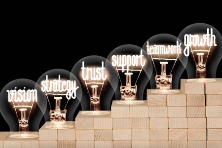 Light bulbs with shining fibers in a shape of Growth, Teamwork and Support concept related words on wooden block ladder isolated on black background.の写真素材