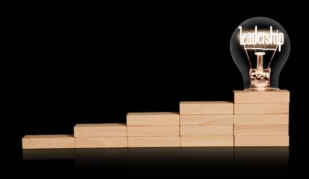 Light bulbs with shining fibers in a shape of Leadership concept word on wooden block ladder isolated on black background.の写真素材