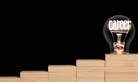 Light bulb with shining fiber in a shape of Career concept related words on wooden block ladder isolated on black background.の写真素材