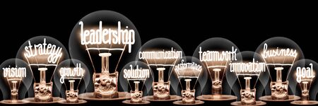 Group of light bulbs group with shining fibers in a shape of Leadership, Strategy, Teamwork and Solution concept related words isolated on black backgroundの写真素材