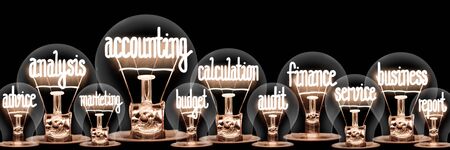 Large group of light bulbs with shining fibers in a shape of Accounting, Analysis, Calculation and Business concept related words isolated on black backgroundの写真素材