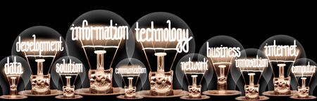 Large group of light bulbs with shining fibers in a shape of Information Technology, Internet, Data, Business and Development concept related words isolated on black backgroundの写真素材