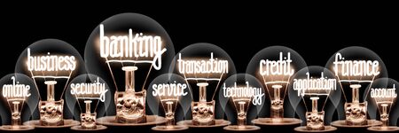 Group of light bulbs with shining fibers in a shape of Banking, Finance, Business, Credit and Transaction concept related words isolated on black backgroundの写真素材