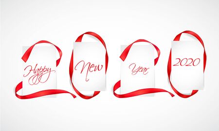Vector illustration of New Year 2020 made of red ribbons with paper cardsのイラスト素材