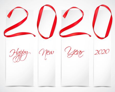 Vector illustration of New Year 2020 made of red ribbons with paper cardsのイラスト素材