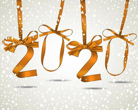 Vector illustration of New Year 2020 made of gold ribbons with snowfallのイラスト素材