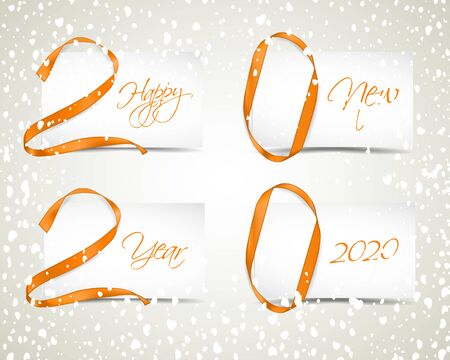 Vector illustration of New Year 2020 made of golden ribbons with paper cards and snowfallのイラスト素材
