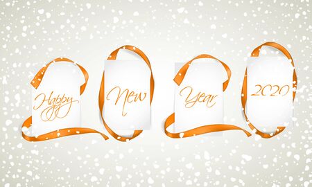 Vector illustration of New Year 2020 made of golden ribbons with paper cards and snowfallのイラスト素材