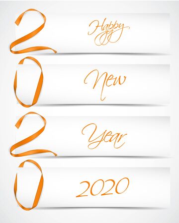 Vector illustration of New Year 2020 made of golden ribbons with paper cardsのイラスト素材