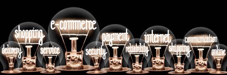 Photo of light bulbs with shining fibers in a shape of E-commerce, Shopping, Internet and Payment concept related words isolated on black backgroundの写真素材