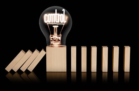 Light bulb with shining fiber in Control shape on wooden piece preventing another ones from falling. Concept of Risk Protection and Business Stability.の写真素材