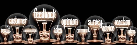 Large group of light bulbs with shining fibers in a shape of Feedback, Customer, Opinion and Survey concept related words isolated on black backgroundの写真素材