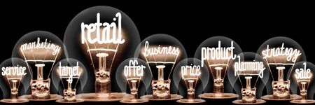 Photo of light bulbs group with shining fibers in a shape of Retail, Product, Strategy, Sale and Offer concept related words isolated on black backgroundの写真素材