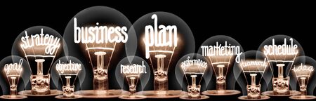 Photo of light bulb group with shining fibers in a shape of Business Plan, Strategy, Marketing and Schedule concept related words isolated on black background.の写真素材