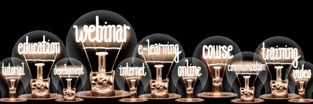 Photo of light bulbs with shining fibers in a shape of Webinar, E-learning, Internet and Education concept related words isolated on black backgroundの写真素材